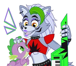Size: 2300x1987 | Tagged: safe, artist:ponygamer2020, derpibooru import, spike, dragon, wolf, absurd resolution, animatronic, base used, bracelet, choker, crossover, cute, duo, ear piercing, earring, female, five nights at freddy's, five nights at freddy's: security breach, image, jewelry, keytar, male, markings, musical instrument, open mouth, petting, piercing, png, roxanne wolf, simple background, spikabetes, spiked choker, spiked wristband, spikelove, transparent background, vector, vector used, winged spike, wings, wristband