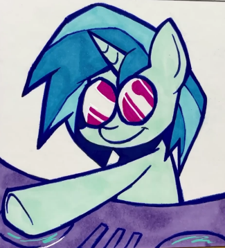 Size: 325x358 | Tagged: safe, artist:lu&ss, derpibooru import, vinyl scratch, pony, unicorn, female, friday night funkin', funkin' is magic, glasses, horn, image, mare, marker drawing, png, smiling, traditional art, turntable, vinyl's glasses, youtube link
