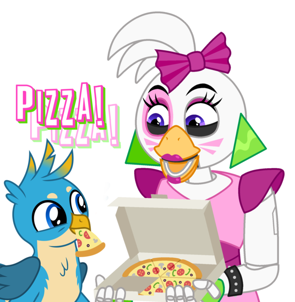 Size: 2000x2050 | Tagged: safe, artist:ponygamer2020, derpibooru import, gallus, bird, chicken, gryphon, robot, animatronic, base used, bigender, bigender pride flag, bisexual pride flag, bow, bracelet, chica, crossover, cute, duo, ear piercing, earring, eating, face paint, female, five nights at freddy's, five nights at freddy's: security breach, food, gallabetes, gallus the rooster, glamrock chica, hair bow, image, jewelry, male, nom, open mouth, piercing, pizza, pizza box, png, pride, pride flag, rooster, simple background, spiked wristband, transparent background, vector, vector used, wings, wristband
