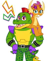 Size: 2200x2700 | Tagged: safe, artist:ponygamer2020, derpibooru import, smolder, dragon, animatronic, badass, base used, belt, bracelet, cute, dragoness, duo, female, five nights at freddy's, glasses, horn, image, looking at you, male, montgomery gator, open mouth, png, simple background, smiling, smiling at you, smolderbetes, spiked wristband, vector, vector used, wristband