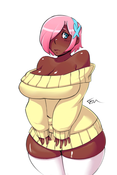 Size: 1000x1500 | Tagged: suggestive, artist:tsudanym, edit, editor:anonymous, fluttershy, human, alternate hairstyle, awkward, bare shoulders, big breasts, blackwashing, blushing, bottomless, breasts, busty fluttershy, cleavage, clothes, dark skin, decollete, female, hair over one eye, huge breasts, humanized, image, off shoulder, partial nudity, plump, png, short hair, simple background, skin color edit, solo, solo female, stockings, sweater, sweatershy, thick, thigh highs, thighs, thunder thighs, wide hips