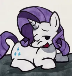 Size: 322x336 | Tagged: safe, artist:lu&ss, derpibooru import, rarity, pony, unicorn, bed, female, friday night funkin', funkin' is magic, horn, image, lying down, mare, marker drawing, one eye closed, png, prone, smiling, traditional art, wink, youtube link