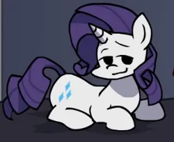 Size: 310x253 | Tagged: safe, artist:bbpanzu, derpibooru import, edit, rarity, pony, unicorn, bed, bedroom, bedroom eyes, cropped, female, friday night funkin', funkin' is magic, horn, image, kush, lying down, mare, png, prone, smiling, youtube link