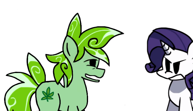 Size: 662x380 | Tagged: safe, artist:bbpanzu, derpibooru import, rarity, oc, oc:stoney poney, earth pony, pony, unicorn, angry, drugs, female, high, horn, image, male, mare, marijuana, png, simple background, smiling, stallion, stoned, white background, youtube link