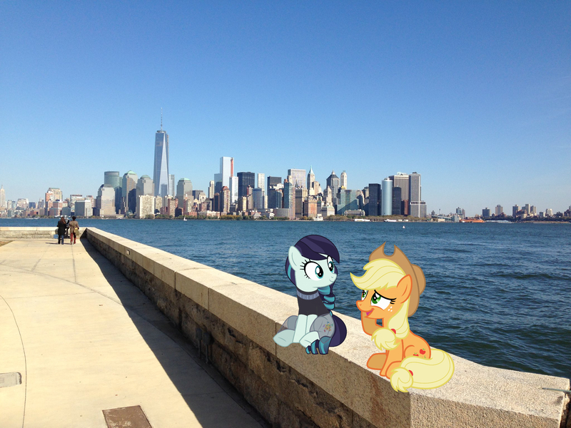 Size: 2048x1536 | Tagged: safe, artist:estories, artist:jaredking779, artist:jhayarr23, derpibooru import, applejack, coloratura, earth pony, pony, clothes, cowboy hat, female, hat, image, irl, jpeg, manhattan, mare, new york, new york city, photo, ponies in real life, see-through, sitting, stetson