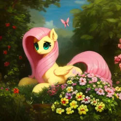 Size: 2048x2048 | Tagged: safe, derpibooru import, machine learning assisted, machine learning generated, purplesmart.ai, stable diffusion, fluttershy, butterfly, insect, pegasus, pony, cute, flower, garden, image, lying down, outdoors, png, prone, shyabetes, smiling