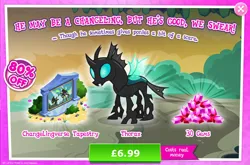 Size: 1967x1297 | Tagged: safe, derpibooru import, official, queen chrysalis, thorax, zecora, changeling, advertisement, alternate timeline, bush, chrysalis resistance timeline, costs real money, english, fangs, flower, gameloft, gem, horn, image, insect wings, jpeg, male, numbers, pillar, sale, solo, solo focus, tapestry, text, wings