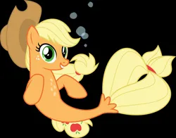 Size: 1280x1001 | Tagged: safe, artist:orin331, derpibooru import, applejack, earth pony, pony, seapony (g4), black background, bubble, commission, cute, dorsal fin, female, fish tail, flowing mane, flowing tail, freckles, green eyes, hat, image, jpeg, mare, seaponified, seapony applejack, simple background, smiling, solo, species swap, swimming, tail, teeth, underwater, water, yellow mane