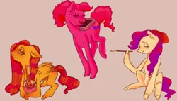 Size: 660x380 | Tagged: safe, artist:sid spit, derpibooru import, fluttershy, pinkie pie, rarity, earth pony, pegasus, pony, blunt, bong, box, drugs, earth pony rarity, eyes closed, female, floppy ears, hat, high, image, jumping, mare, marijuana, png, race swap, sitting, smiling, smoking, speedpaint available, stoned, trio, wings, youtube link