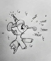 Size: 2098x2501 | Tagged: safe, artist:opalacorn, derpibooru import, oc, oc:void, pegasus, pony, cute, female, grayscale, hat, image, jpeg, mare, monochrome, mouth hold, onomatopoeia, party hat, party horn, pencil drawing, solo, traditional art