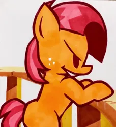 Size: 322x353 | Tagged: safe, artist:lu&ss, derpibooru import, babs seed, earth pony, pony, one bad apple, bipedal, clubhouse, crusaders clubhouse, female, filly, foal, freckles, friday night funkin', funkin' is magic, image, marker drawing, png, scene interpretation, smiling, traditional art, youtube link