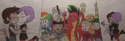 Size: 900x300 | Tagged: safe, artist:jebens1, derpibooru import, rainbow dash, spike, dog, equestria girls, american dragon jake long, amity blight, cheering, comic, donatello, edalyn clawthorne, image, jpeg, kissing, luz noceda, michelangelo, spike the dog, teenage mutant ninja turtles, the owl house, thumbs up