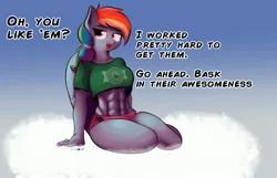 Size: 3459x2223 | Tagged: suggestive, artist:cosmonaut, derpibooru import, rainbow dash, anthro, pegasus, abs, belly button, braless, breasts, busty rainbow dash, clothes, cloud, dialogue, erect nipples, female, high res, image, jpeg, looking at you, midriff, muscles, muscular female, nipple outline, on a cloud, rainbuff dash, shorts, sitting, sitting on cloud, solo, solo female, sweat, talking to viewer, underboob