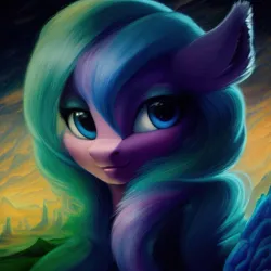 Size: 1024x1024 | Tagged: safe, ai content, derpibooru import, machine learning generated, purplesmart.ai, stable diffusion, oc, unofficial characters only, earth pony, pony, blue eyes, bust, ear fluff, eyeshadow, female, fluffy, generator:purplesmart.ai, image, looking at you, makeup, mare, multicolored mane, png, portrait, prompter:zealousmagician, smiling, smiling at you, solo