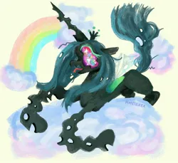 Size: 3500x3200 | Tagged: safe, artist:puppetizer, derpibooru import, queen chrysalis, changeling, changeling queen, cloud, female, forked tongue, image, jpeg, rainbow, solo, squiggly, wingding eyes