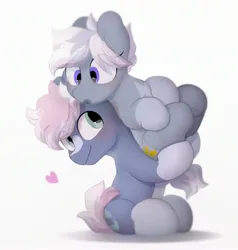 Size: 2592x2724 | Tagged: safe, artist:mochi_nation, derpibooru import, oc, oc:silver bolt, oc:water socks, unofficial characters only, earth pony, pony, blushing, coat markings, eye clipping through hair, female, heart, holding a pony, image, jpeg, male, mare, oc x oc, shipping, simple background, smiling, socks (coat marking), stallion, straight, white background