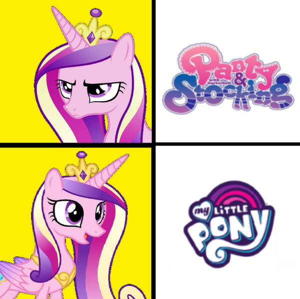 Size: 669x668 | Tagged: safe, artist:kitsonicko, derpibooru import, princess cadance, alicorn, pony, cadance is not amused, crown, drake & josh, female, horn, hotline bling, image, jewelry, mare, meme, my little pony logo, panty and stocking with garterbelt, png, regalia, smiling, text, unamused, wings