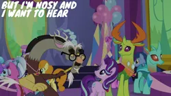 Size: 1920x1080 | Tagged: safe, derpibooru import, edit, edited screencap, screencap, blues, carrot top, discord, golden harvest, noteworthy, starlight glimmer, thorax, changedling, changeling, celestial advice, groucho mask, image, king thorax, png