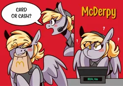 Size: 2048x1423 | Tagged: safe, artist:lrusu, derpibooru import, derpy hooves, pegasus, pony, bag, blush sticker, blushing, cash register, clothes, eye clipping through hair, female, hat, headset, image, jpeg, mare, mcdonald's, mouth hold, paper bag, question mark, red background, simple background, smiling, solo, speech, speech bubble, talking, uniform, wings, working