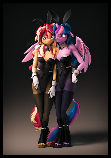 Size: 4000x5656 | Tagged: safe, artist:imafutureguitarhero, derpibooru import, sci-twi, sunset shimmer, twilight sparkle, twilight sparkle (alicorn), alicorn, anthro, classical unicorn, unguligrade anthro, unicorn, 3d, :s, adorasexy, arm fluff, arm freckles, blushing, boots, border, bunny ears, bunny suit, bunny tail, cheek fluff, chest freckles, chin fluff, chromatic aberration, clothes, cloven hooves, colored eyebrows, colored eyelashes, costume, crossed legs, cuffs (clothes), cute, dialogue in the description, duo, duo female, ear fluff, ear freckles, embarrassed, female, film grain, floppy ears, fluffy, fluffy mane, fluffy tail, freckles, fur, glitter, gloves, grin, hand on hip, hand on shoulder, hoof boots, horn, image, jpeg, leg freckles, leonine tail, lesbian, long hair, long mane, looking at someone, looking down, matching outfits, multicolored hair, multicolored mane, multicolored tail, nervous, nose wrinkle, one ear down, one eye closed, outfit, paintover, peppered bacon, playboy bunny, playboy bunny sunset shimmer, playboy bunny twilight sparkle, revamped anthros, revamped ponies, scitwilicorn, scitwishimmer, scrunchy face, see-through, sexy, shadow, shimmerbetes, shipping, shoes, shoulder fluff, shoulder freckles, signature, sleeveless, smiling, socks, source filmmaker, stockings, sunsetsparkle, tail, tail fluff, thigh highs, twiabetes, unshorn fetlocks, varying degrees of amusement, vertical, wall of tags, wavy mouth, wings, wink