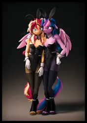 Size: 4000x5656 | Tagged: safe, artist:imafutureguitarhero, derpibooru import, sci-twi, sunset shimmer, twilight sparkle, twilight sparkle (alicorn), alicorn, anthro, classical unicorn, pony, unguligrade anthro, unicorn, 3d, :s, adorasexy, arm fluff, arm freckles, blushing, boots, border, bunny ears, bunny suit, bunny tail, cheek fluff, chest freckles, chin fluff, chromatic aberration, clothes, cloven hooves, colored eyebrows, colored eyelashes, costume, crossed legs, cuffs (clothes), cute, dialogue in the description, duo, duo female, ear fluff, ear freckles, embarrassed, female, film grain, floppy ears, fluffy, fluffy mane, fluffy tail, freckles, fur, glitter, gloves, grin, hand on hip, hand on shoulder, hoof boots, horn, image, jpeg, leg freckles, leonine tail, lesbian, long hair, long mane, looking at someone, looking down, mare, matching outfits, multicolored hair, multicolored mane, multicolored tail, nervous, nose wrinkle, one ear down, one eye closed, outfit, paintover, peppered bacon, playboy bunny, revamped anthros, revamped ponies, scitwilicorn, scitwishimmer, scrunchy face, see-through, sexy, shadow, shimmerbetes, shipping, shoes, shoulder fluff, shoulder freckles, signature, sleeveless, smiling, socks, source filmmaker, stockings, sunsetsparkle, tail, tail fluff, thigh highs, twiabetes, unshorn fetlocks, varying degrees of amusement, vertical, wall of tags, wavy mouth, wings, wink