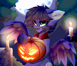Size: 1260x1080 | Tagged: safe, artist:shinoshai, derpibooru import, oc, oc:fenris ebonyglow, unofficial characters only, pegasus, animated, candle, clothes, full moon, gif, halloween, holiday, image, jack-o-lantern, moon, night, pumpkin, scarf, spread wings, wings