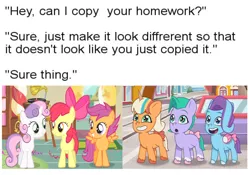 Size: 828x578 | Tagged: safe, derpibooru import, apple bloom, scootaloo, sweetie belle, my little pony: tell your tale, spoiler:g5, spoiler:my little pony: tell your tale, spoiler:tyts01e28, can i copy your homework, cutie mark crusaders, g4, g5, glory (g5), image, meme, peach fizz, pippsqueaks forever, png, seashell (g5)