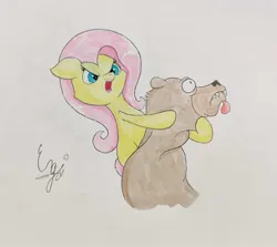 Size: 1667x1489 | Tagged: safe, artist:engi, derpibooru import, fluttershy, bear, pegasus, pony, lesson zero, aggressive, angry eyes, female, image, jpeg, open mouth, simple background, tongue out, traditional art, watercolor painting