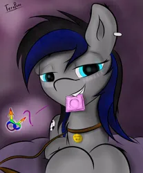 Size: 3072x3712 | Tagged: suggestive, artist:teropone, derpibooru import, oc, oc:tero, unofficial characters only, earth pony, pony, bedroom eyes, blushing, condom, gay, image, leash, lewd, male, medallion, png, solo, solo male, stallion