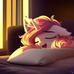 Size: 1024x1024 | Tagged: safe, derpibooru import, machine learning generated, purplesmart.ai, stable diffusion, oc, unnamed oc, unofficial characters only, pony, unicorn, backlighting, beautiful, bed, bust, cute, ear fluff, eyebrows, eyebrows visible through hair, eyes closed, female, fluffy, image, mare, messy mane, morning, one ear down, open mouth, pillow, png, portrait, relaxed, sleeping, smiling, solo, sunlight