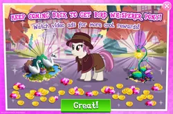 Size: 1957x1297 | Tagged: safe, derpibooru import, official, heartfelt song, bird, earth pony, pony, swan, advertisement, background pony, bush, coin, english, female, flower, gameloft, gem, hat, image, jpeg, lantern, mare, movie reference, numbers, pigeon lady, pillow, pink mane, pink tail, solo, solo focus, tail, text, water, white coat, white fur