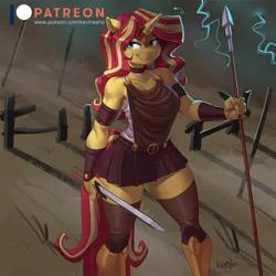 Size: 900x900 | Tagged: safe, artist:kevinsano, derpibooru import, sunset shimmer, pony, unicorn, armor, clothes, female, goddess, image, looking at you, mare, patreon, patreon logo, png, skirt, smiling, smiling at you, smirk, solo, spear, sword, weapon