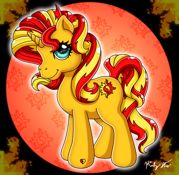 Size: 1125x1095 | Tagged: safe, artist:drinkyourvegetable, derpibooru import, sunset shimmer, pony, unicorn, cutie mark background, female, g1, g4, g4 to g1, generation leap, image, png, solo