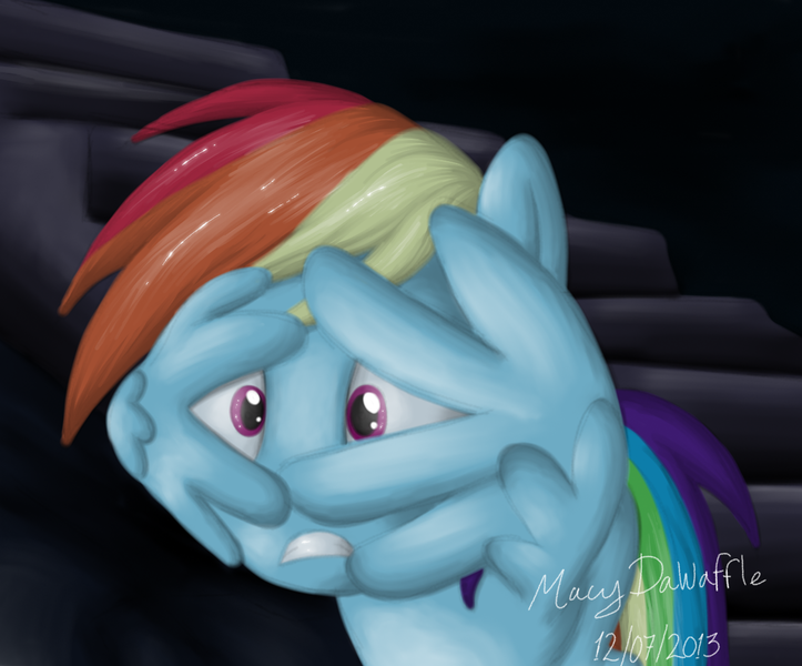 Size: 1203x999 | Tagged: safe, artist:bananasplitzel, artist:da-waffle, derpibooru import, rainbow dash, pegasus, pony, castle mane-ia, cute, dashabetes, female, image, png, scared, scene interpretation, solo, wing hands, wings