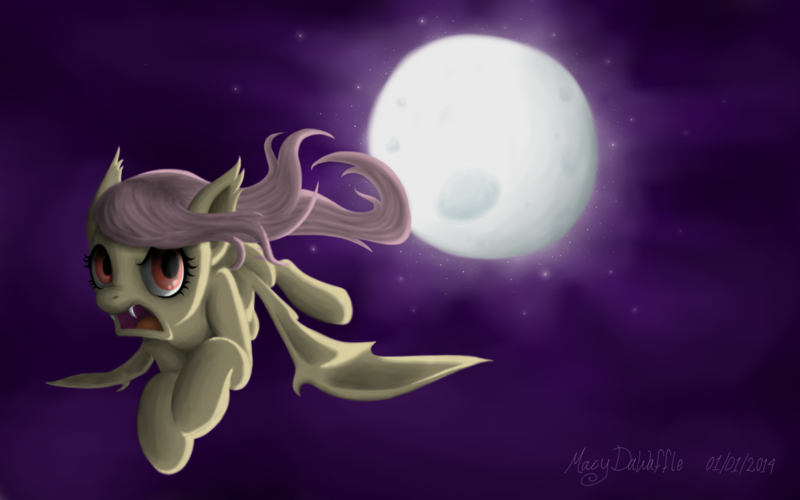 Size: 1920x1200 | Tagged: safe, artist:bananasplitzel, artist:da-waffle, derpibooru import, fluttershy, bat pony, bat ponified, female, flutterbat, image, moon, night, open mouth, png, race swap, solo, wallpaper