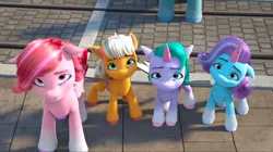 Size: 2388x1342 | Tagged: safe, derpibooru import, screencap, pony, my little pony: make your mark, my little pony: make your mark chapter 2, spoiler:g5, spoiler:my little pony: make your mark chapter 2, ali-conned, fake alicorn, fake horn, fake wings, female, filly, foal, g5, glory (g5), image, jpeg, looking up, mare, peach fizz, pouting, sad, seashell (g5), street, tracks, windy (g5)