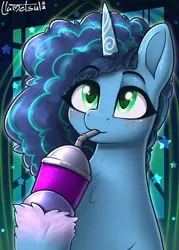 Size: 633x884 | Tagged: safe, artist:llametsul, derpibooru import, pony, unicorn, g5, female, image, mare, misty brightdawn, png, scene interpretation, signature, smoothie, solo, that pony sure does love smoothies, unshorn fetlocks