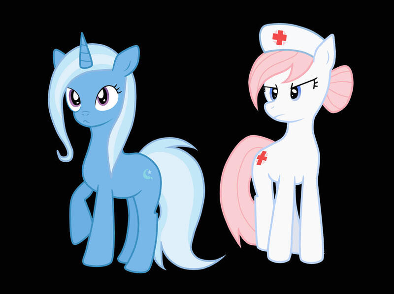 Size: 1024x765 | Tagged: safe, artist:ispincharles, derpibooru import, nurse redheart, trixie, earth pony, pony, unicorn, black background, duo, duo female, female, image, jpeg, mare, simple background