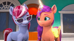 Size: 1280x720 | Tagged: safe, derpibooru import, screencap, rosedust, sugar moonlight, sunny starscout, alicorn, g5, my little pony: a new generation, my little pony: make your mark, my little pony: make your mark chapter 2, spoiler:g5, spoiler:my little pony: make your mark chapter 2, ali-conned, animated, beach ball, filly four, glory (g5), glow, glowing horn, glowing wings, horn, image, lily (g5), lipstick, misty brightdawn, mobile phone, peach fizz, phone, race swap, seashell (g5), sound, sunglasses, sunnycorn, unhappy, upset, webm, window, wings