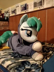 Size: 3016x4032 | Tagged: safe, artist:epicrainbowcrafts, derpibooru import, spring melody, sprinkle medley, pegasus, pony, bed, bedroom eyes, blanket, bow, clothes, hoodie, image, irl, jpeg, life size, lying down, photo, plushie, prone, socks, solo, striped socks, tail, tail bow