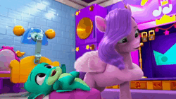 Size: 1280x716 | Tagged: safe, derpibooru import, screencap, pipp petals, sparky sparkeroni, sugar moonlight, my little pony: make your mark, my little pony: make your mark chapter 2, spoiler:g5, spoiler:my little pony: make your mark chapter 2, ali-conned, animated, auntie pipp, drama queen, dramatic, emotes, g5, heart, image, lily (g5), mobile phone, phone, photo, pipp and sparky, rosedust (g5), smoothie, sound, throwing, webm
