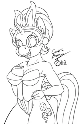 Size: 768x1200 | Tagged: suggestive, artist:sepiakeys, derpibooru import, cookie crumbles, anthro, unicorn, breasts, bunny suit, busty cookie crumbles, clothes, ear piercing, earring, female, grin, image, jewelry, lineart, lipstick, milf, monochrome, piercing, png, smiling, solo, solo female, traditional art