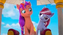 Size: 1280x712 | Tagged: safe, derpibooru import, screencap, misty (g5), sugar moonlight, sunny starscout, alicorn, pony, my little pony: a new generation, my little pony: make your mark, my little pony: make your mark chapter 2, spoiler:g5, spoiler:my little pony: make your mark chapter 2, ali-conned, animated, fandom, fans, female, filly, filly four, flying, foal, g5, gazebo, glory (g5), glow, glowing horn, glowing wings, happy, heart, horn, image, lily (g5), male, mare, peach fizz, race swap, rosedust (g5), seashell (g5), shoving, sign, smiling, sound, stallion, sunnycorn, sweets (g5), toots, weather vane, webm, wings