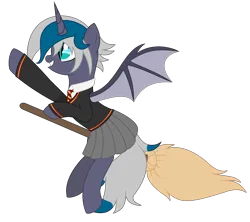 Size: 2893x2572 | Tagged: safe, artist:cindystarlight, derpibooru import, oc, oc:elizabat stormfeather, unofficial characters only, alicorn, bat pony, bat pony alicorn, pony, alicorn oc, bat pony oc, bat wings, broom, clothes, commission, cosplay, costume, crossover, cute, female, flying, flying broomstick, grin, gryffindor, harry potter (series), horn, image, mare, necktie, parody, png, raised hoof, school uniform, shirt, simple background, skirt, smiling, solo, sweater, transparent background, wings, ych result