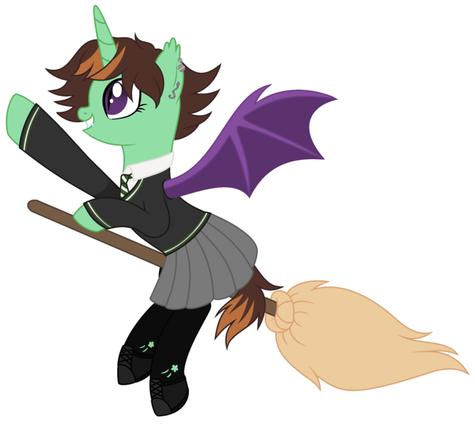 Size: 2819x2517 | Tagged: safe, artist:cindystarlight, derpibooru import, oc, oc:mareula snyde, unofficial characters only, alicorn, bat pony, bat pony alicorn, pony, alicorn oc, bat pony oc, bat wings, boots, broom, clothes, commission, cosplay, costume, crossover, cute, ear piercing, earring, fangs, female, flying, flying broomstick, grin, harry potter (series), horn, image, jewelry, mare, necktie, parody, piercing, png, raised hoof, ripped stockings, school uniform, shirt, shoes, simple background, skirt, slytherin, smiling, socks, solo, stockings, sweater, thigh highs, torn clothes, transparent background, wings, ych result