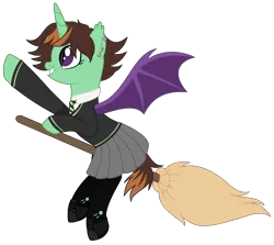 Size: 2819x2517 | Tagged: safe, artist:cindystarlight, derpibooru import, oc, oc:mareula snyde, unofficial characters only, alicorn, bat pony, bat pony alicorn, pony, alicorn oc, bat pony oc, bat wings, boots, broom, clothes, commission, cosplay, costume, crossover, cute, ear piercing, earring, fangs, female, flying, flying broomstick, grin, harry potter (series), horn, image, jewelry, mare, necktie, parody, piercing, png, raised hoof, ripped stockings, school uniform, shirt, shoes, simple background, skirt, slytherin, smiling, socks, solo, stockings, sweater, thigh highs, torn clothes, transparent background, wings, ych result