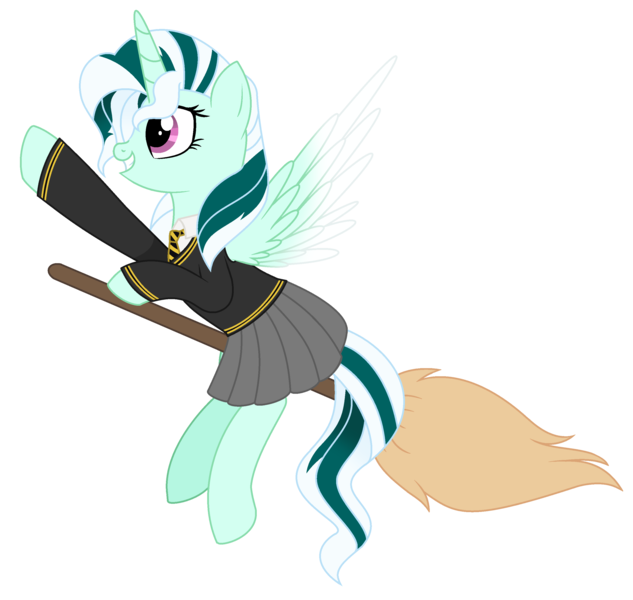 Size: 2887x2738 | Tagged: safe, artist:cindystarlight, derpibooru import, oc, oc:arcana formula, unofficial characters only, alicorn, pony, alicorn oc, broom, clothes, commission, cosplay, costume, crossover, cute, female, flying, flying broomstick, grin, harry potter (series), horn, hufflepuff, image, mare, necktie, parody, png, raised hoof, school uniform, shirt, simple background, skirt, smiling, solo, sweater, transparent background, wings, ych result