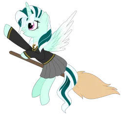 Size: 2887x2738 | Tagged: safe, artist:cindystarlight, derpibooru import, oc, oc:arcana formula, unofficial characters only, alicorn, pony, alicorn oc, broom, clothes, commission, cosplay, costume, crossover, cute, female, flying, flying broomstick, grin, harry potter (series), horn, hufflepuff, image, mare, necktie, parody, png, raised hoof, school uniform, shirt, simple background, skirt, smiling, solo, sweater, transparent background, wings, ych result