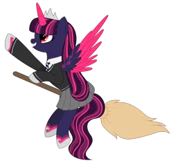 Size: 2895x2738 | Tagged: safe, artist:cindystarlight, derpibooru import, oc, oc:princess ebony moon, unofficial characters only, alicorn, pony, alicorn oc, broom, clothes, commission, cosplay, costume, crossover, crown, cute, female, flying, flying broomstick, grin, harry potter (series), horn, image, jewelry, mare, markings, necktie, parody, png, raised hoof, ravenclaw, regalia, school uniform, shirt, simple background, skirt, smiling, solo, sweater, transparent background, wings, ych result