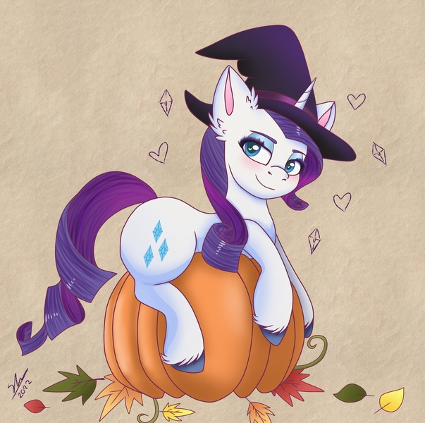 Size: 2169x2160 | Tagged: safe, artist:galaxy swirl, derpibooru import, rarity, pony, unicorn, cute, ear fluff, female, halloween, hat, holiday, image, jpeg, leaves, mare, pumpkin, simple background, smiling, solo, unshorn fetlocks, witch hat